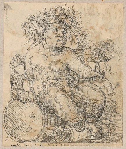Young Bacchus seated on a cask, holding a bowl of grapes