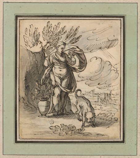 Allegorical female figure in a landscape with a dog