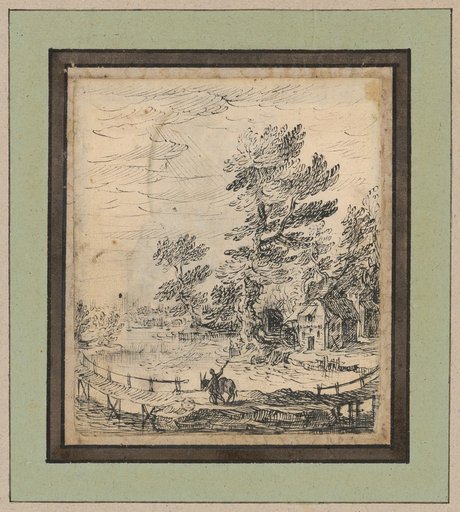 Wooded riverbank with a mill