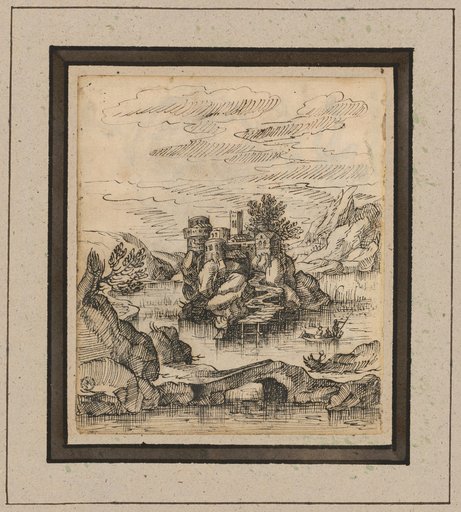 Rocky landscape with a lake and water castle