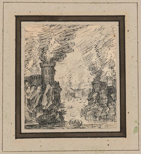 Strait of River or Sea with Rocky Shores, Burning Castles Upon Them, and a Burning City in the Background