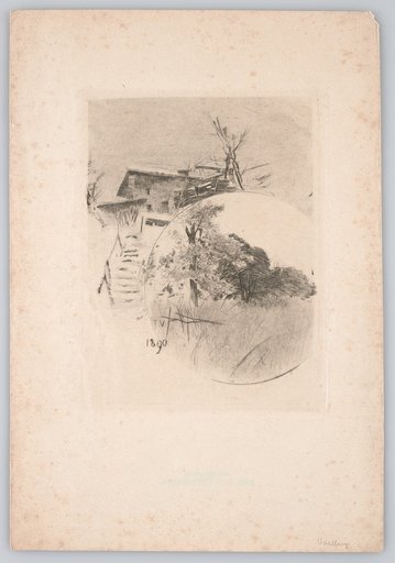 Landscape Section with Houses in Winter. Below, in a Circle, a Summer Meadow with Trees