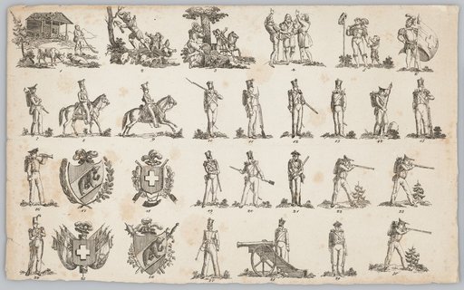 Sheet with Thirty Numbered Groups, Individual Figures, and Coats of Arms in Four Rows