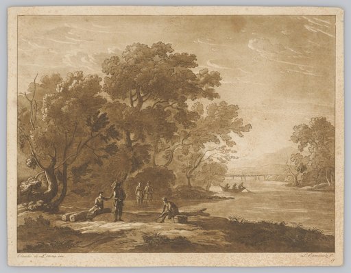 River Landscape with Fishermen at a Ford, a Couple Wading Through