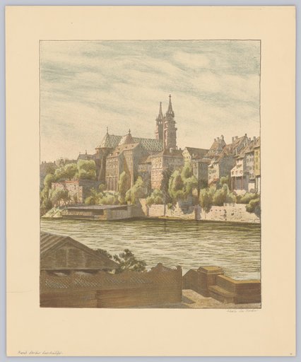 View of the Basel Minster and the Grossbasler Bank from the Café Spitz