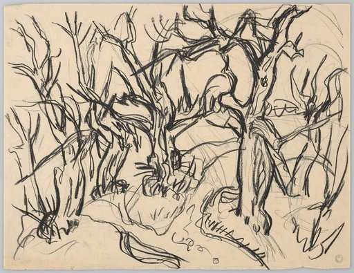 Path Leading Diagonally Downward into the Depth with Gnarled, Leafless Trees on Both Sides