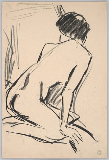 Bent-Forward Crouching Female Back View. Turned to the Right, Looking to the Left