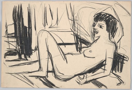 Reclining female nude turned to the left, with back supported and left leg raised