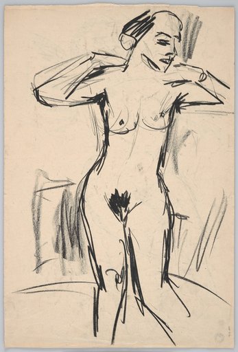 Reclining female nude on the right side, turned forward, voluptuous; reverse: standing female nude with arms in guard position