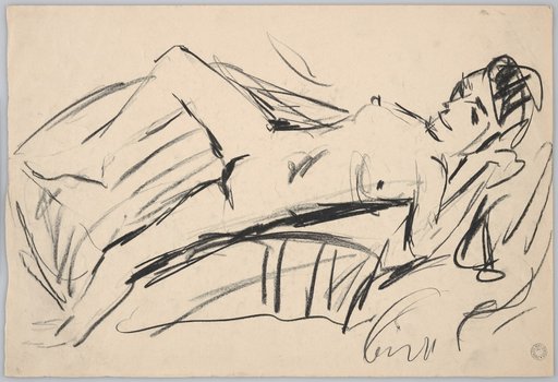 Reclining female nude on the back, turned to the left, with right leg slightly raised and left leg hanging