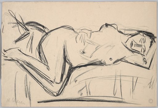Resting woman. Nude turned to the right with closed eyes and legs drawn up to the side