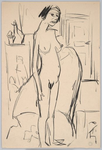 Standing female nude with lowered arms