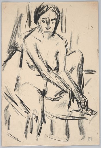 Seated female nude with left leg raised, viewed from the front