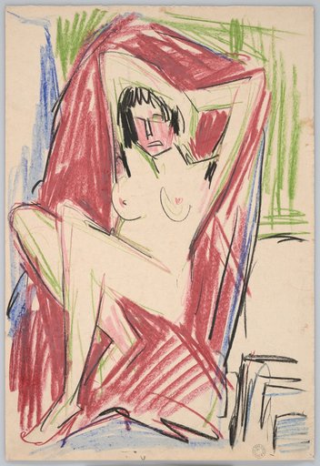 Seated female nude in a red armchair, turned to the left, with arms bent over the head
