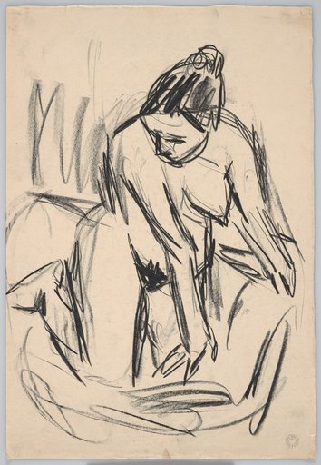 Kneeling female nude leaning forward, in three-quarter view to the right, head turned to the left