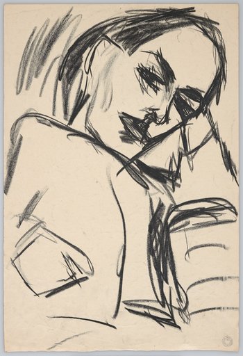 Portrait of a woman leaning backward, looking forward, resting her head on her left forearm. Half-length portrait
