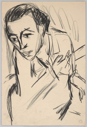 Knee-length portrait of a seated woman bending forward, in three-quarter view to the left. She rests her right elbow on her knees (?)