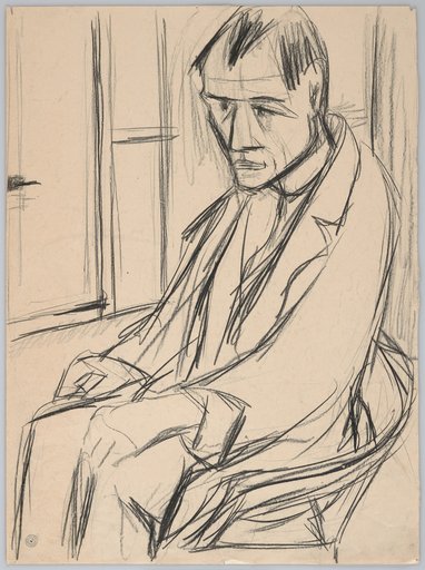 Self-Portrait, seated in three-quarter profile to the left. Knee-length portrait. A window cross in the background