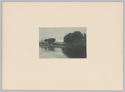 Shore Landscape with Dark Tree Groups in Twilight Light