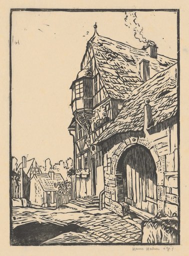 Old Timber-Framed House with Gable Bay Window and Wide Barn Door