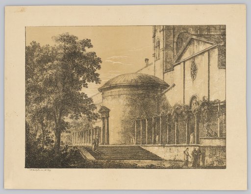 Side View of a Romanesque Church with Renaissance Addition and Outdoor Staircase