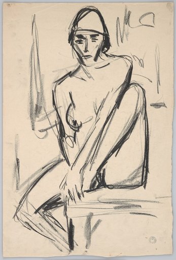 Seated Female Nude on a Table Edge with Left Leg Raised, Viewed from the Front
