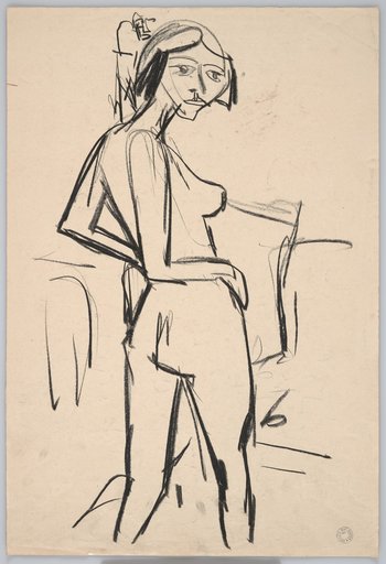 Female Nude Seen from Behind, Looking Over Her Shoulder in a Barely Suggested Interior