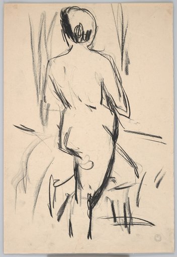 Female Back Nude with Raised Left Knee. Strong Model, Looking Toward the Door