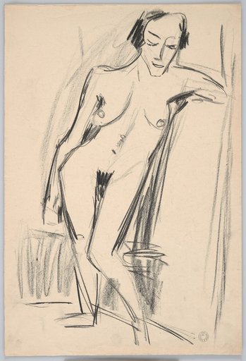 Standing Female Nude from the Front, with Head Slightly Tilted, Swinging Hip, Leaning Against the Raised Left Upper Arm