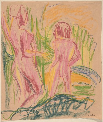 Two Female Nudes Standing in Open Landscape. The Smaller One on the Right in Back View, the Larger One on the Left in Profile Facing Right. Behind Them: Firs, Fields, and Mountains