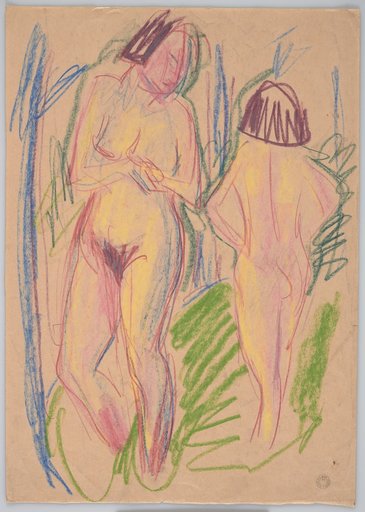One Large Female Nude from the Front and a Smaller One in Back View Standing on Green Grass