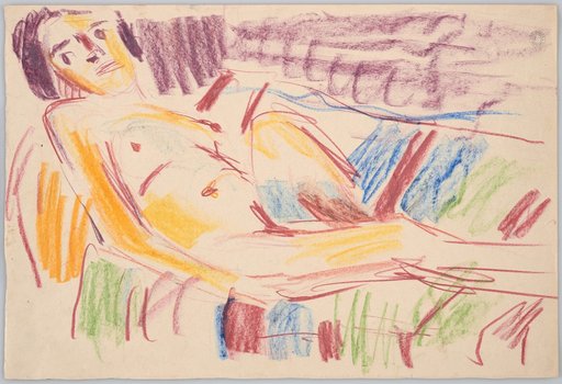 Female Nude Lying on Her Back, Turned to the Left with Left Leg Raised. Face Looking Forward. Head End on the Left