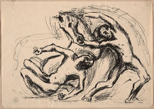 Group of Two Men with a Wild Horse. One Man Falls Backward to the Ground