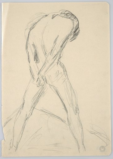 Male Back Nude in Wide Stance with Head Down, Arms Placed Over the Back