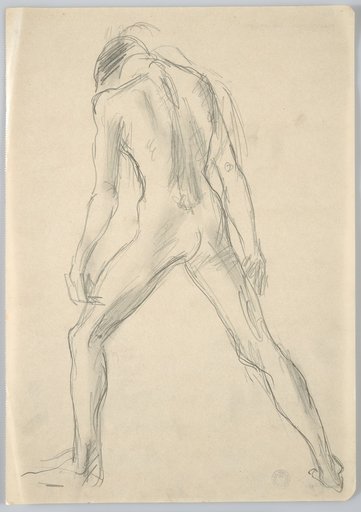 Male Back Nude in Wide Stance to the Left. The Head is Bent Down