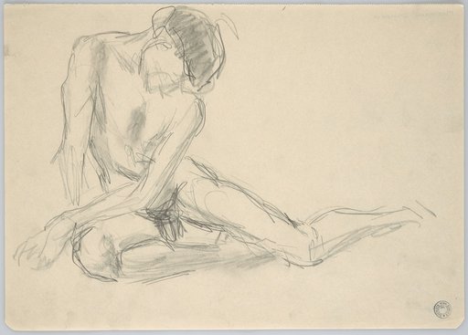 Crouching Male Nude with Extended Left Leg from the Front. Arms in Contrapposto to the Left, Head Bent