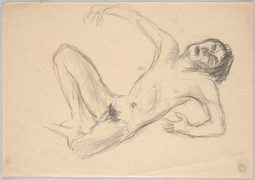 Reclining Male Nude Turned to the Right with Raised Right and Drawn-In Left Leg. The Head Leans Back