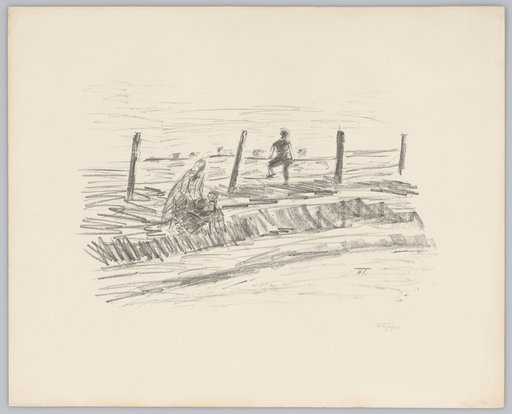 Flat landscape with a working woman and a boy leaning on a railing