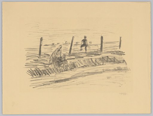 Flat landscape with a working woman and a boy leaning on a railing