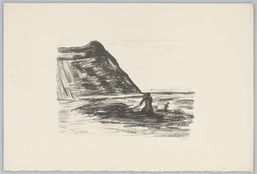 Raftsmen at sea, with a steeply rising mountain on the left