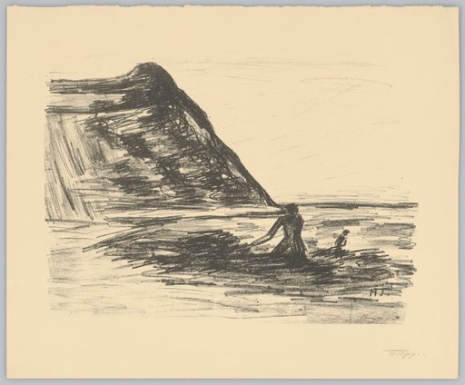 Raftsmen at sea, with a steeply rising mountain on the left