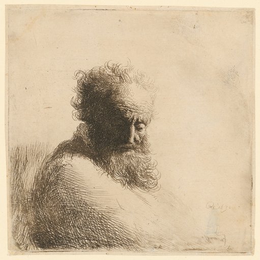 Bust of an old bearded man, looking down, three-quarter view to the right