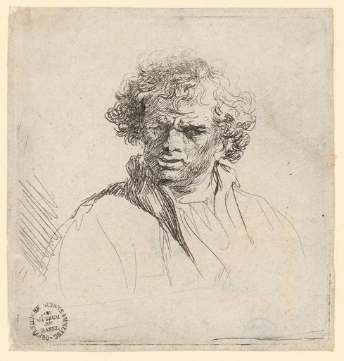Bust of a clean-shaven man looking forward with a distorted mouth