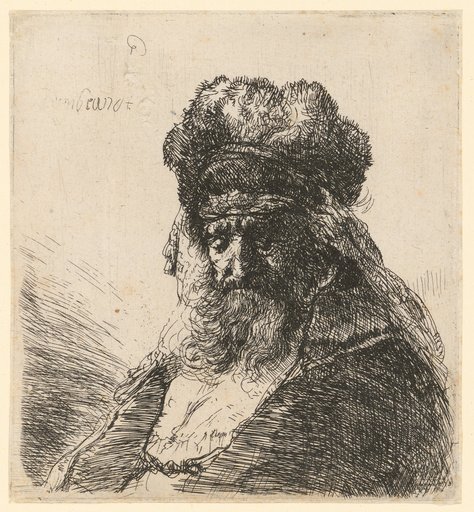 Bearded old man with a high fur cap, eyes closed