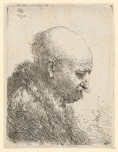 Bald man looking down in profile to the right