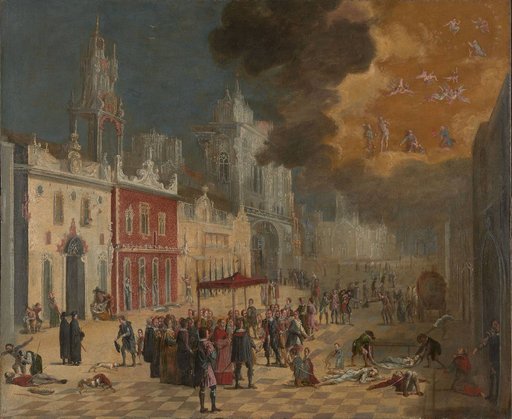 Plague Image with a Saint on a Sacramental Procession, Christ and Mary Interceding in Glory in Heaven, Below the Plague Saints Adrian, Sebastian, Rochus, and Anthony