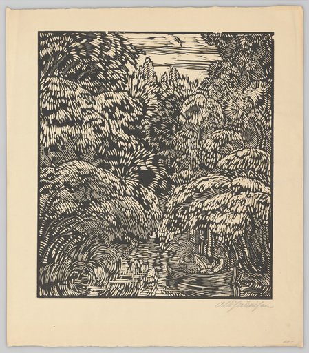 Pond Among Trees with Two Figures in a Rowboat