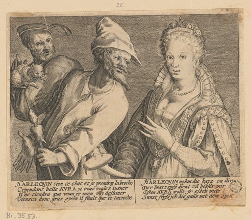 Woman with Two Men, One with a Roasting Spit, Behind Him One with a Cat (Invitation to Sexual