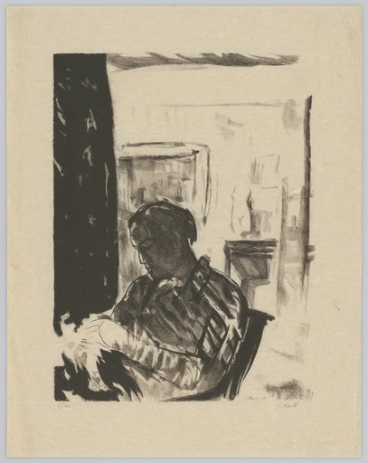 Seated Woman in Front of a Curtain in the Half-Darkness of an Interior