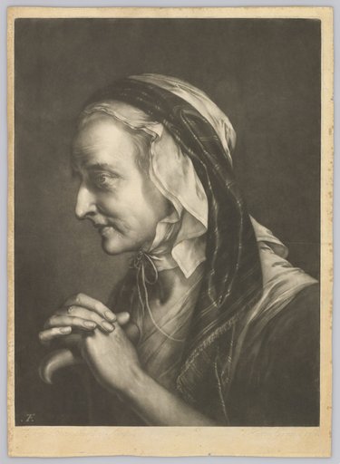 Bust Portrait of an Old Woman Turned to the Left, Folding Her Hands Over Her Cane Knob